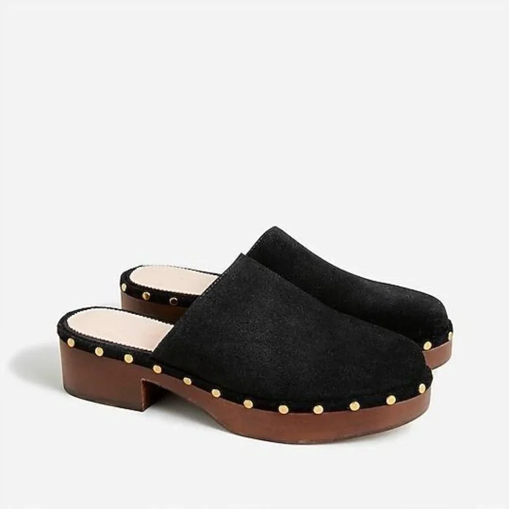 New! J. crew Dakota clogs in suede Size 5 black studded wood sole
